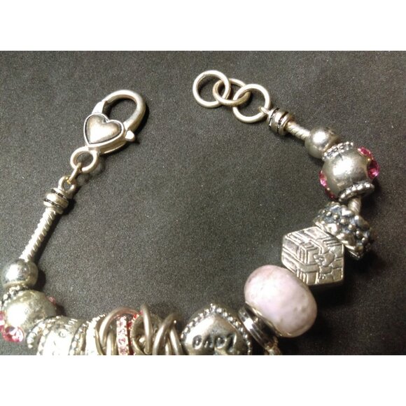 Silver Bracelet with Love Hearts Rings many Charms 8 inches - Picture 2 of 6